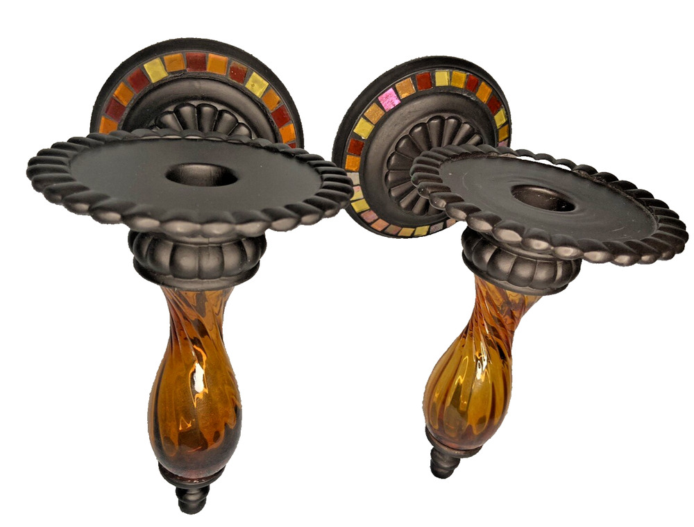 Two PartyLite Global Fusion Candle Holders Mosaic Glass Wall Sconces Retired